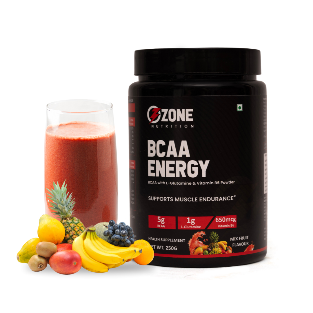 Ozone Nutrition BCAA Pro Powder, Powerful Intra Workout (Mix Fruit Flavour, 250g, 30 Servings) | With 5g BCAAs & 1g L - Glutamine 650mcg Vitamin B6