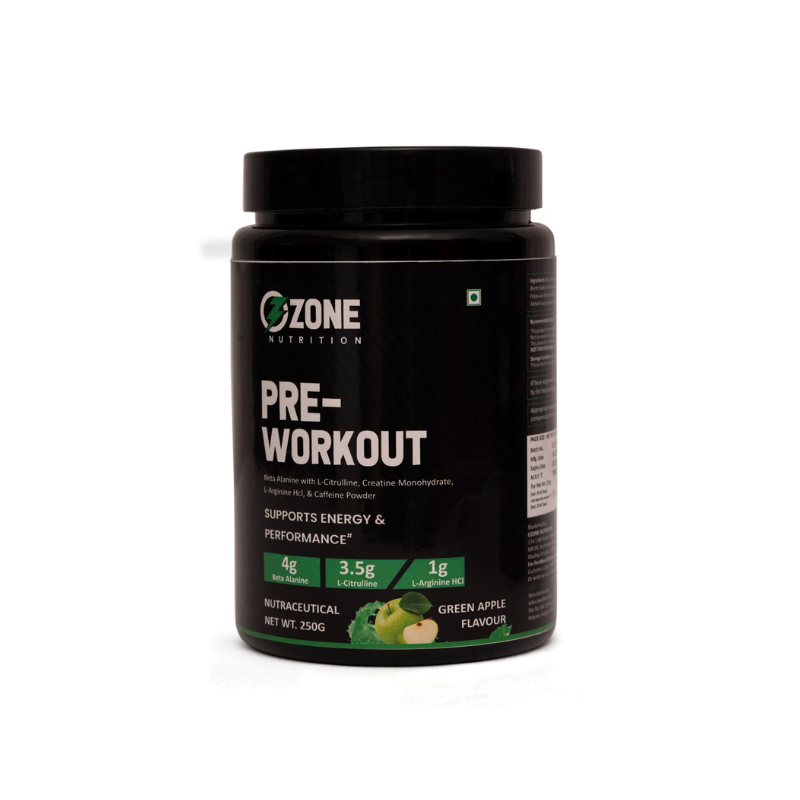 Ozone Nutrition Pre-Workout (Green Apple, 250g, 25 Servings) | 4g Beta Alanine, 3.5g L-Citrulline, 1g L-Arginine HCl, Creatine & Caffeine Powder | Supports Energy & Performance