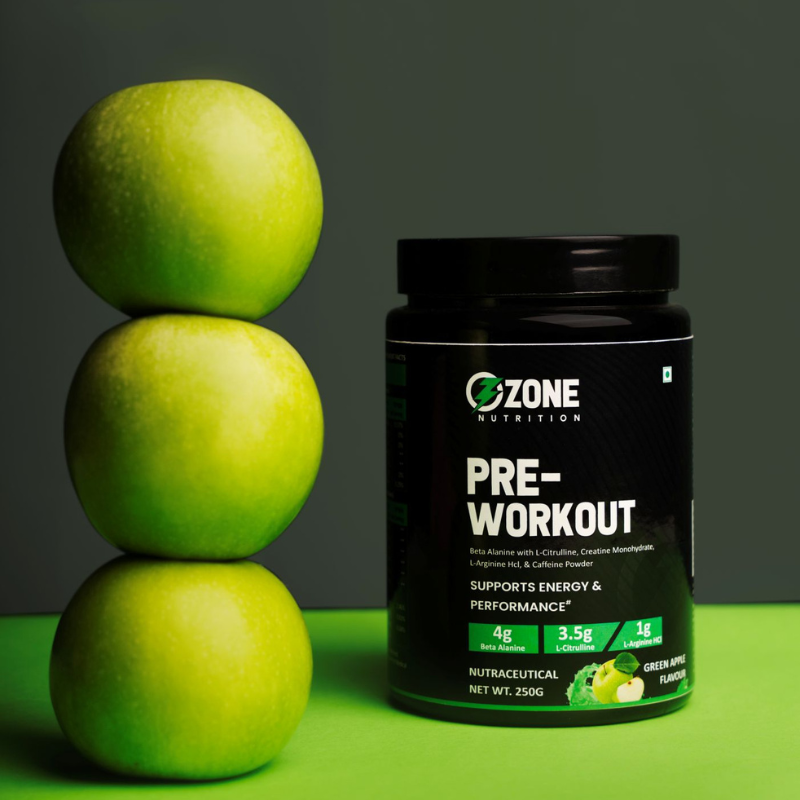 Ozone Nutrition Pre-Workout (Green Apple, 250g, 25 Servings) | 4g Beta Alanine, 3.5g L-Citrulline, 1g L-Arginine HCl, Creatine & Caffeine Powder | Supports Energy & Performance