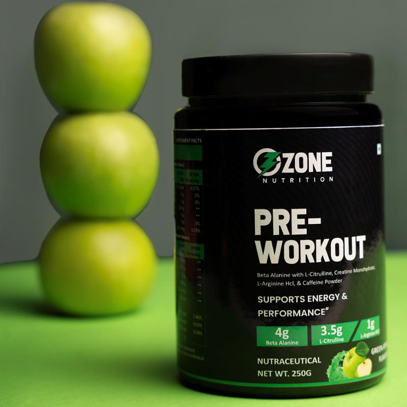 Ozone Nutrition Pre-Workout (Green Apple, 250g, 25 Servings) | 4g Beta Alanine, 3.5g L-Citrulline, 1g L-Arginine HCl, Creatine & Caffeine Powder | Supports Energy & Performance