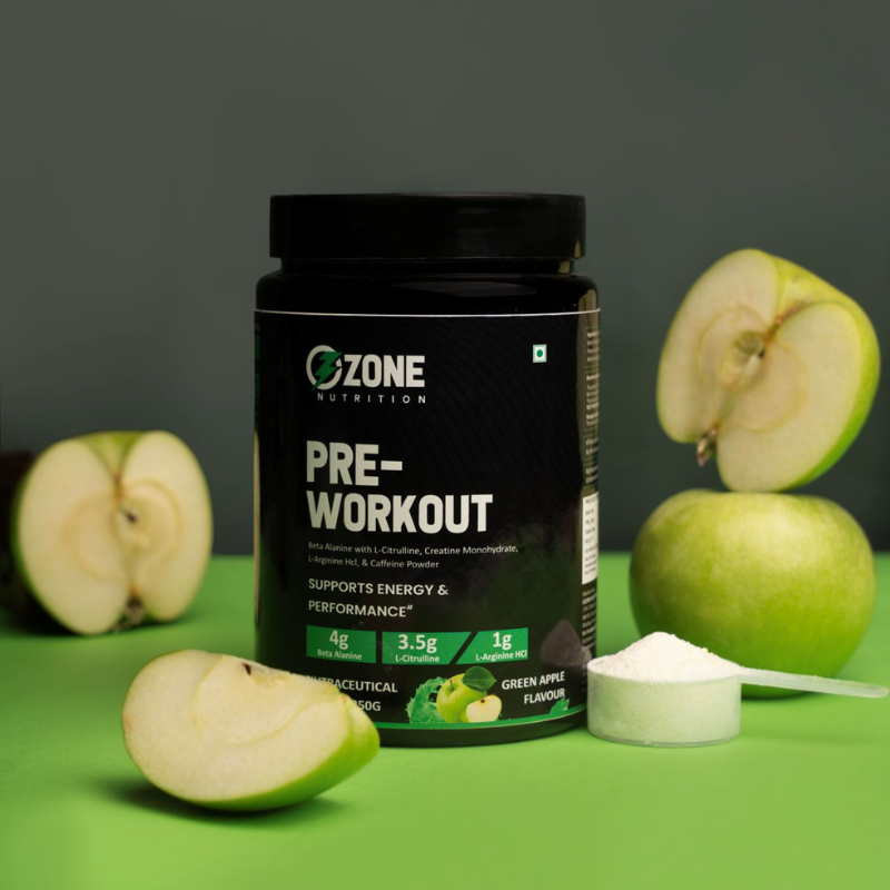 Ozone Nutrition Pre-Workout (Green Apple, 250g, 25 Servings) | 4g Beta Alanine, 3.5g L-Citrulline, 1g L-Arginine HCl, Creatine & Caffeine Powder | Supports Energy & Performance