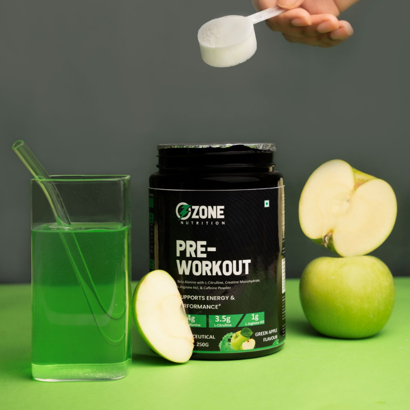 Ozone Nutrition Pre-Workout (Green Apple, 250g, 25 Servings) | 4g Beta Alanine, 3.5g L-Citrulline, 1g L-Arginine HCl, Creatine & Caffeine Powder | Supports Energy & Performance